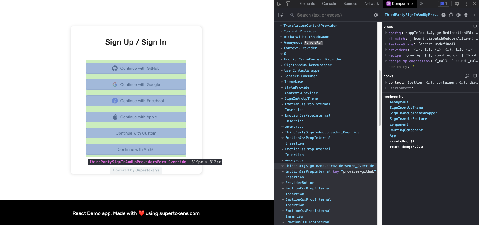 Checking which component from the prebuilt UI will be overridden using React Developer Tools extension